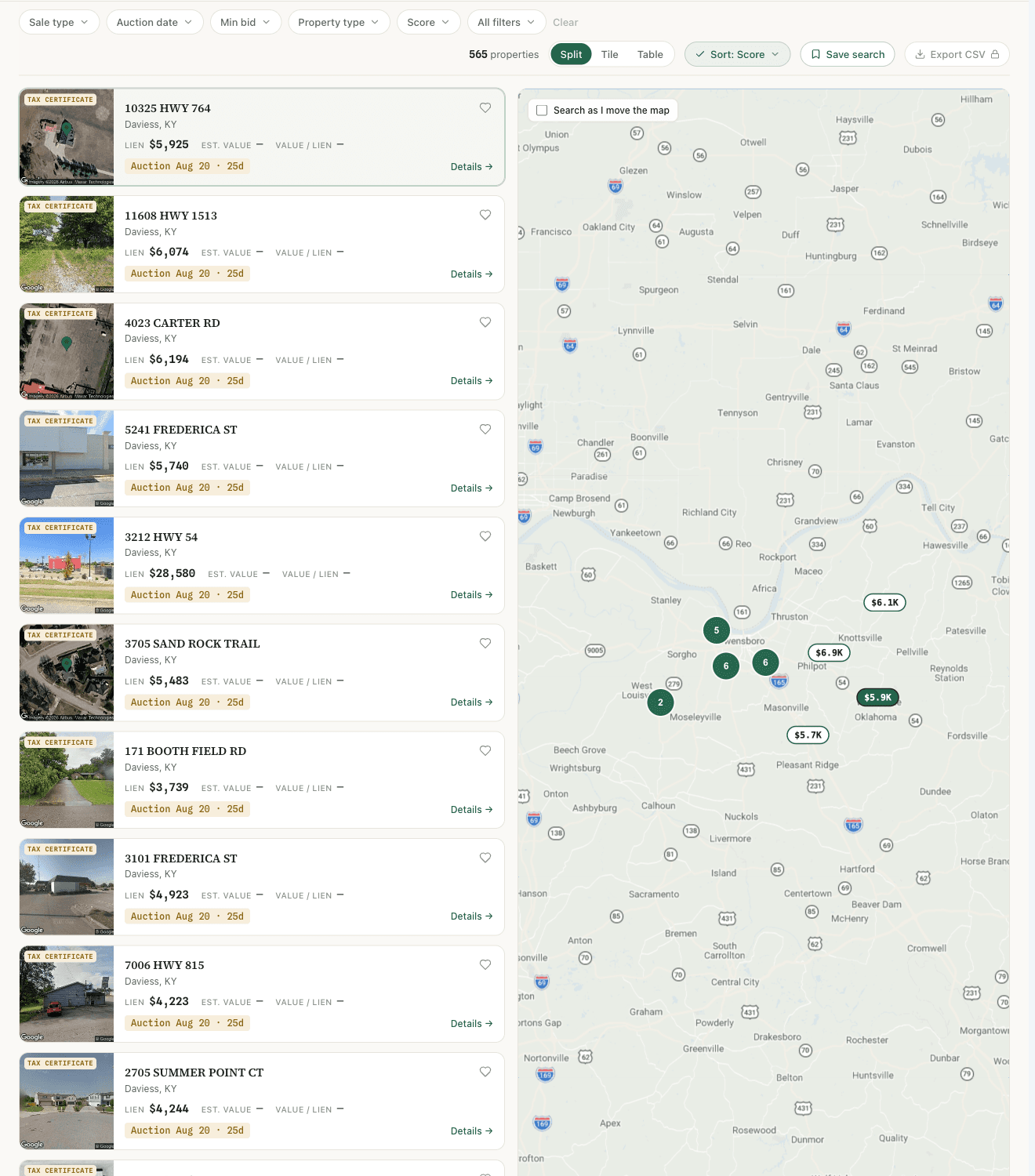 LienScope Discover workspace — live tax lien listings with real property photos, auction countdowns, and an interactive county map