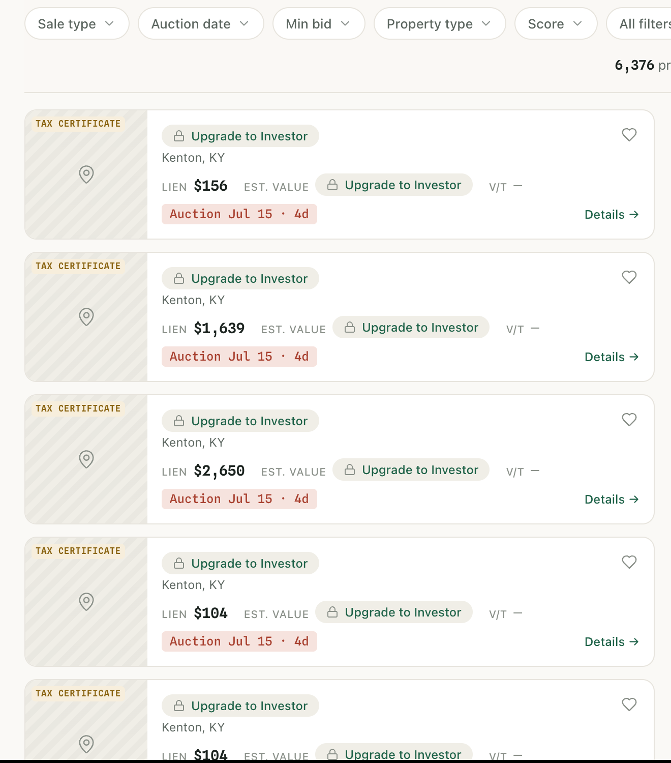 LienScope Discover workspace — live tax lien listings with sale-type chips, auction countdowns, and gated premium fields